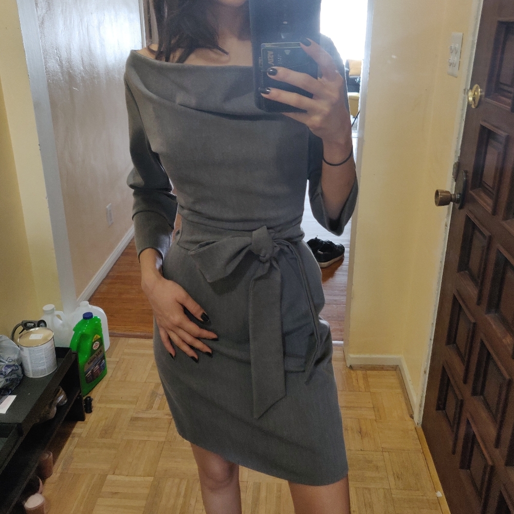 Huminska cowl neck stretch gray knee length dress